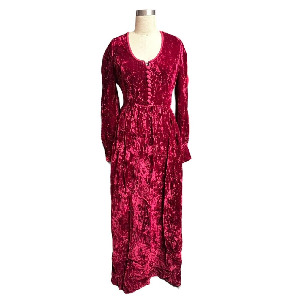 Vtg 70s Simon Massey Wine Velvet Maxi Button Front Dress Janice Wainwright UK 14